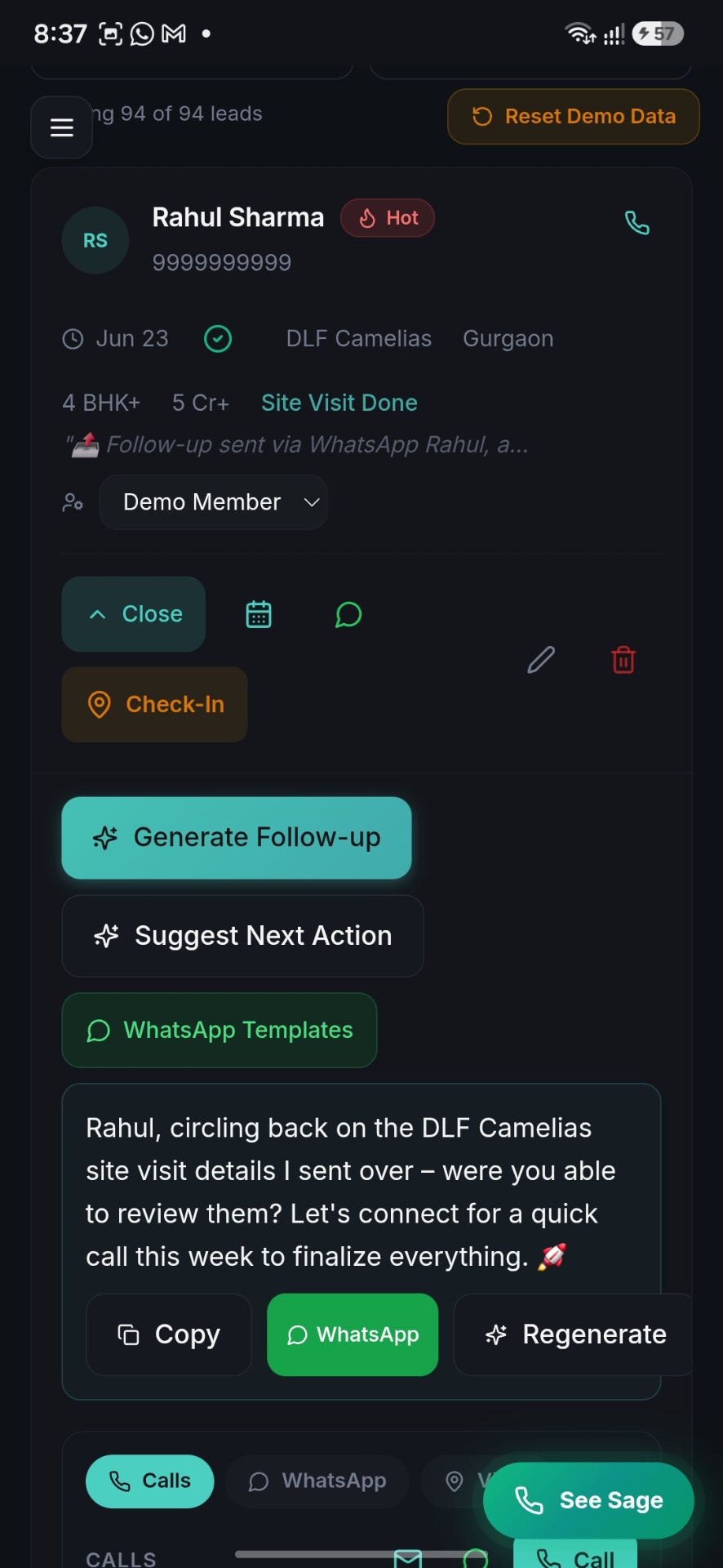 Saigent lead detail with AI-drafted WhatsApp follow-up